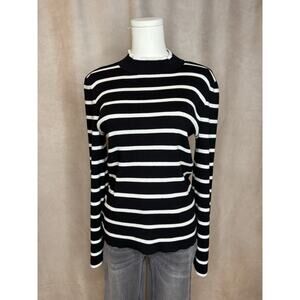 Halogen Black White Striped Sweater S Mock Neck Knit Split Cuff Sleeve
